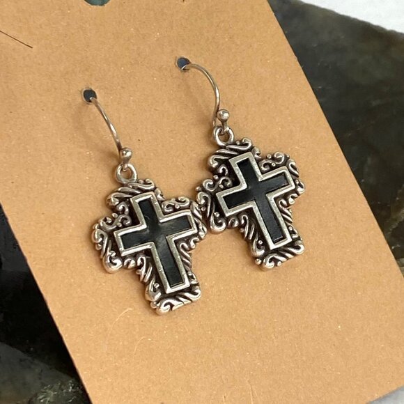 Sterling Silver 925 1.41" Black Enamel Scrollwork Cross Dangle Earrings 11g - Picture 3 of 16